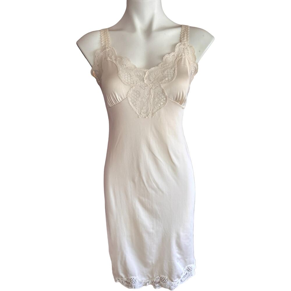 Vintage Illusion Full Slip Sz 34 Ivory Lace Ladder Strap Bodice Pinup Lingerie - Picture 11 of 11
